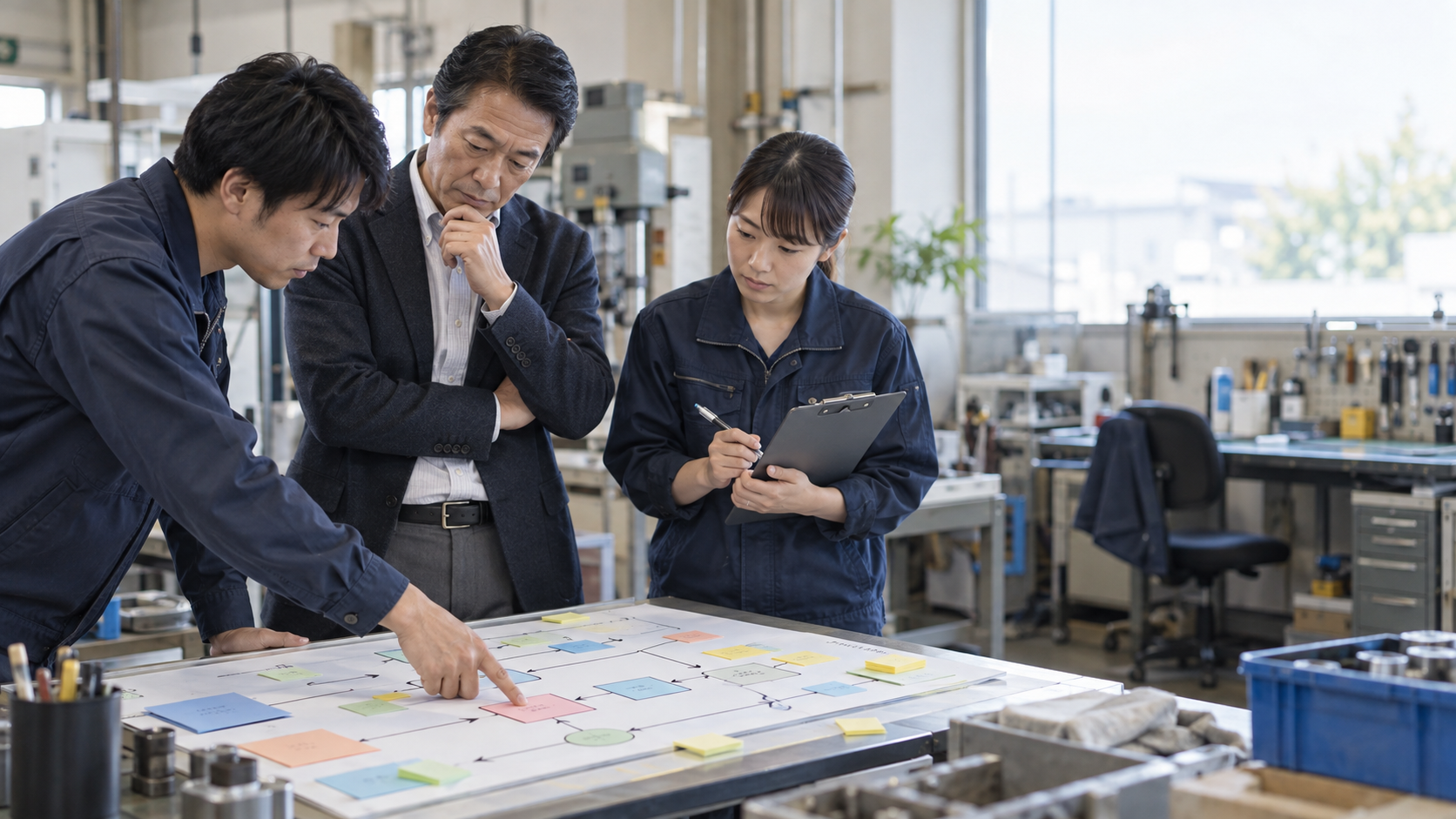 日本人の社長と現場社員が、業務の流れと引継ぎのポイントを確認している様子