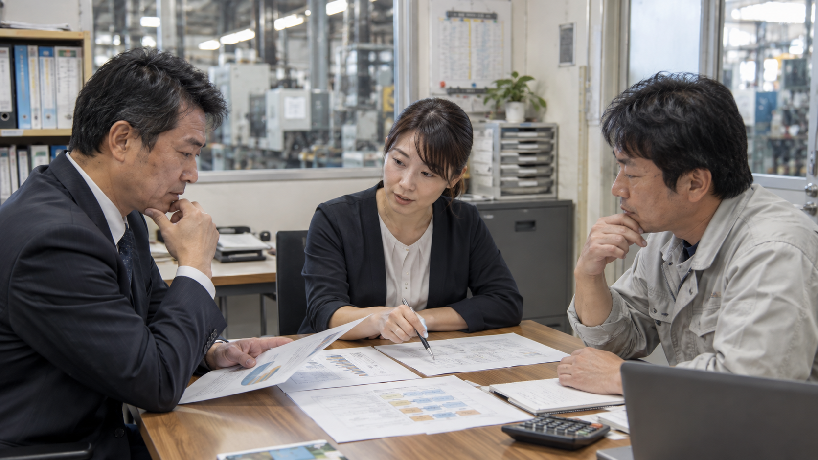 中小企業の賃上げ、原資をどうつくるかについて、日本人の中小企業の経営者と現場社員が状況を確認している様子