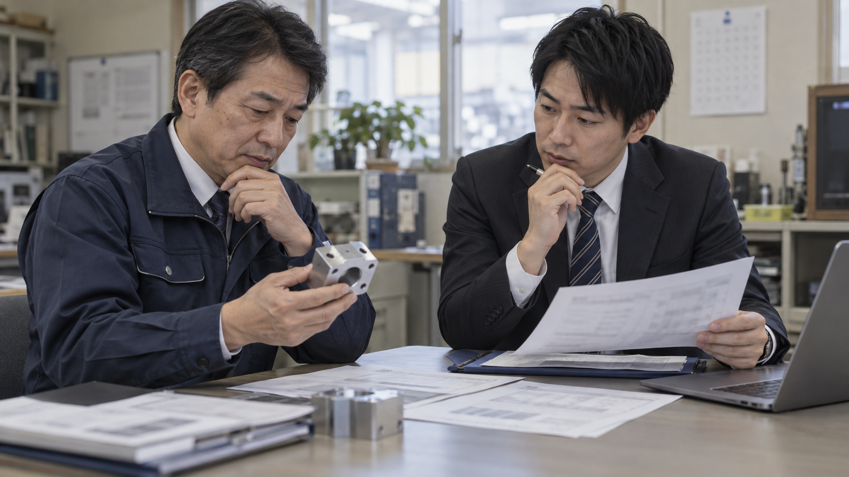 価格転嫁を断られたときの交渉準備について、日本人の中小企業の経営者と現場社員が状況を確認している様子