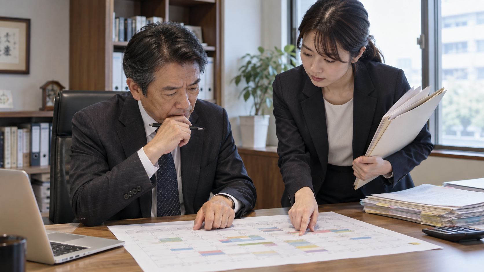 資金繰りが苦しいとき、社長が確認する順番について、日本人の中小企業の経営者と現場社員が状況を確認している様子