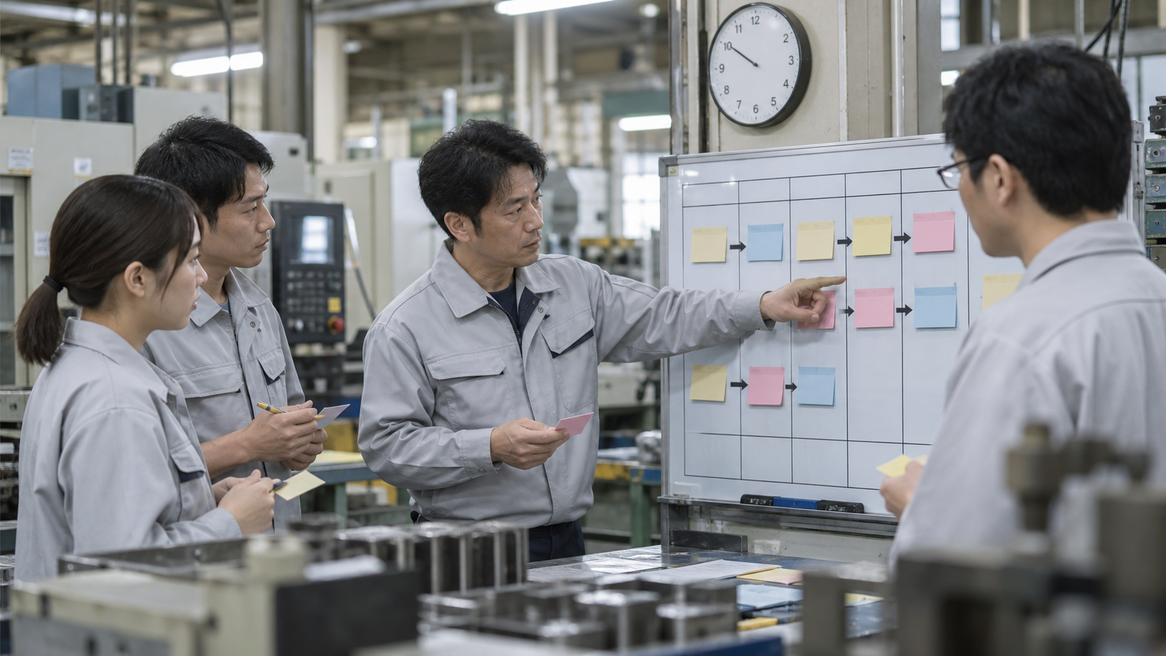 残業を減らしても生産性を落とさない業務改善について、日本人の中小企業の経営者と現場社員が状況を確認している様子