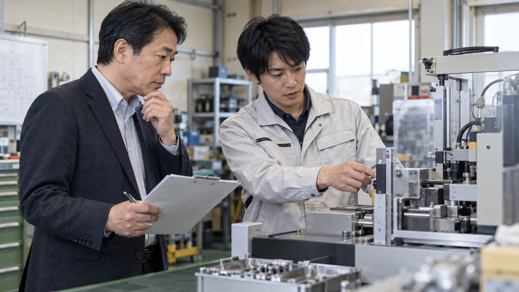 省力化投資の前に、社長が確認したいことについて、日本人の中小企業の経営者と現場社員が状況を確認している様子